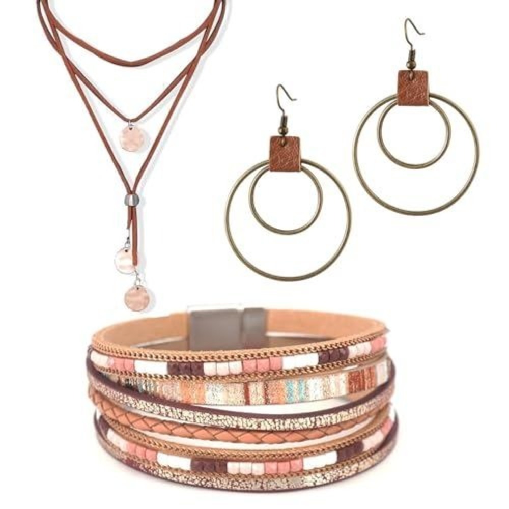 Boho Rose Gold Layered Necklace Double Hoop Earrings Multi Strand Wrap Bracelet